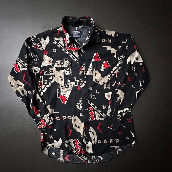 Vintage Wrangler Shirt Mens Large Black Aztec Western Cowboy Cut Y2k Long Tail - Picture 2 of 10
